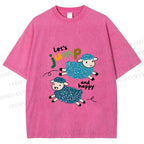 Unisex Sheep Lets Jump And Happy Printed Washed Tee