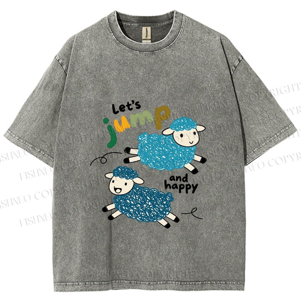 Unisex Sheep Lets Jump And Happy Printed Washed Tee