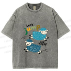 Unisex Sheep Lets Jump And Happy Printed Washed Tee