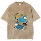 Unisex Sheep Lets Jump And Happy Printed Washed Tee
