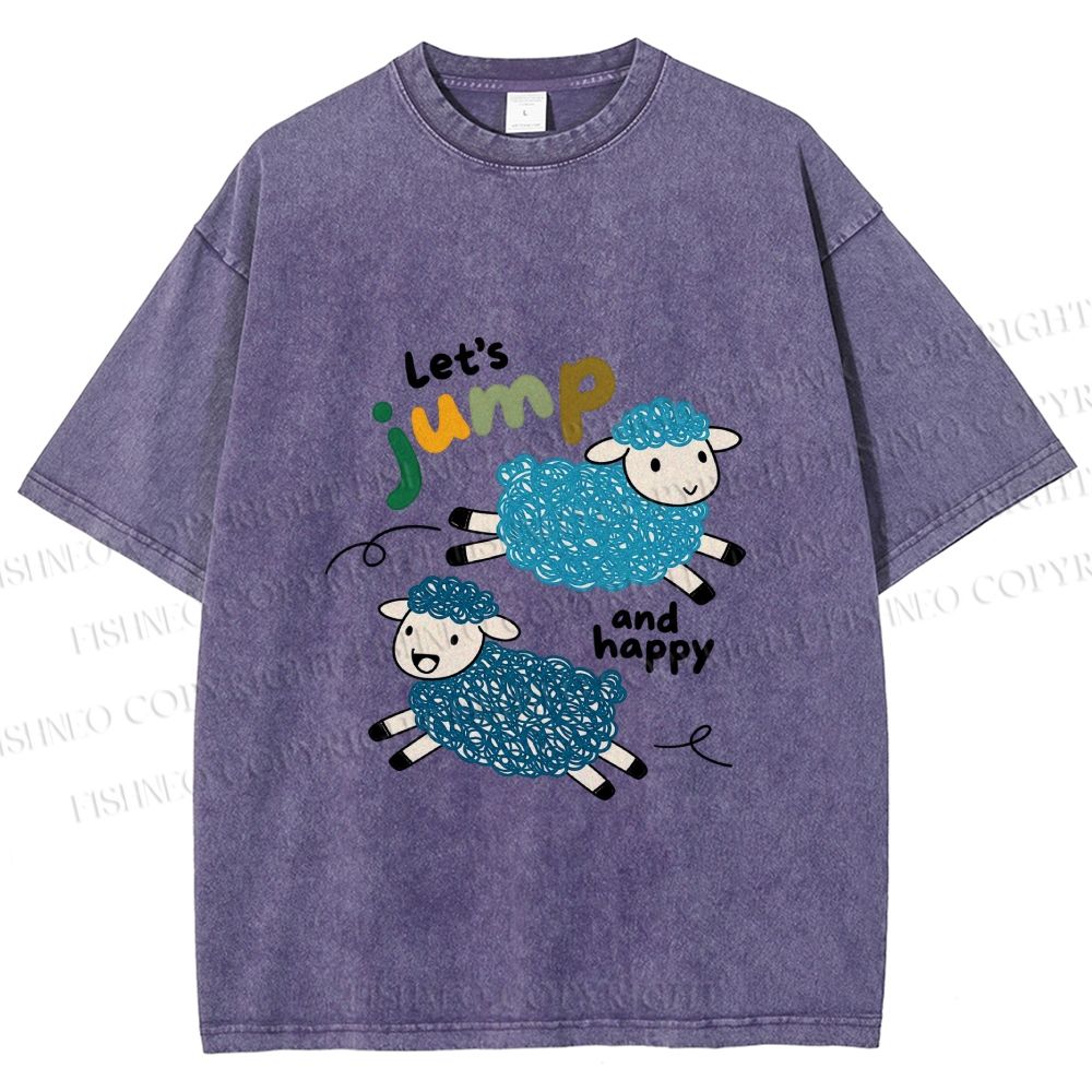 Unisex Sheep Lets Jump And Happy Printed Washed Tee