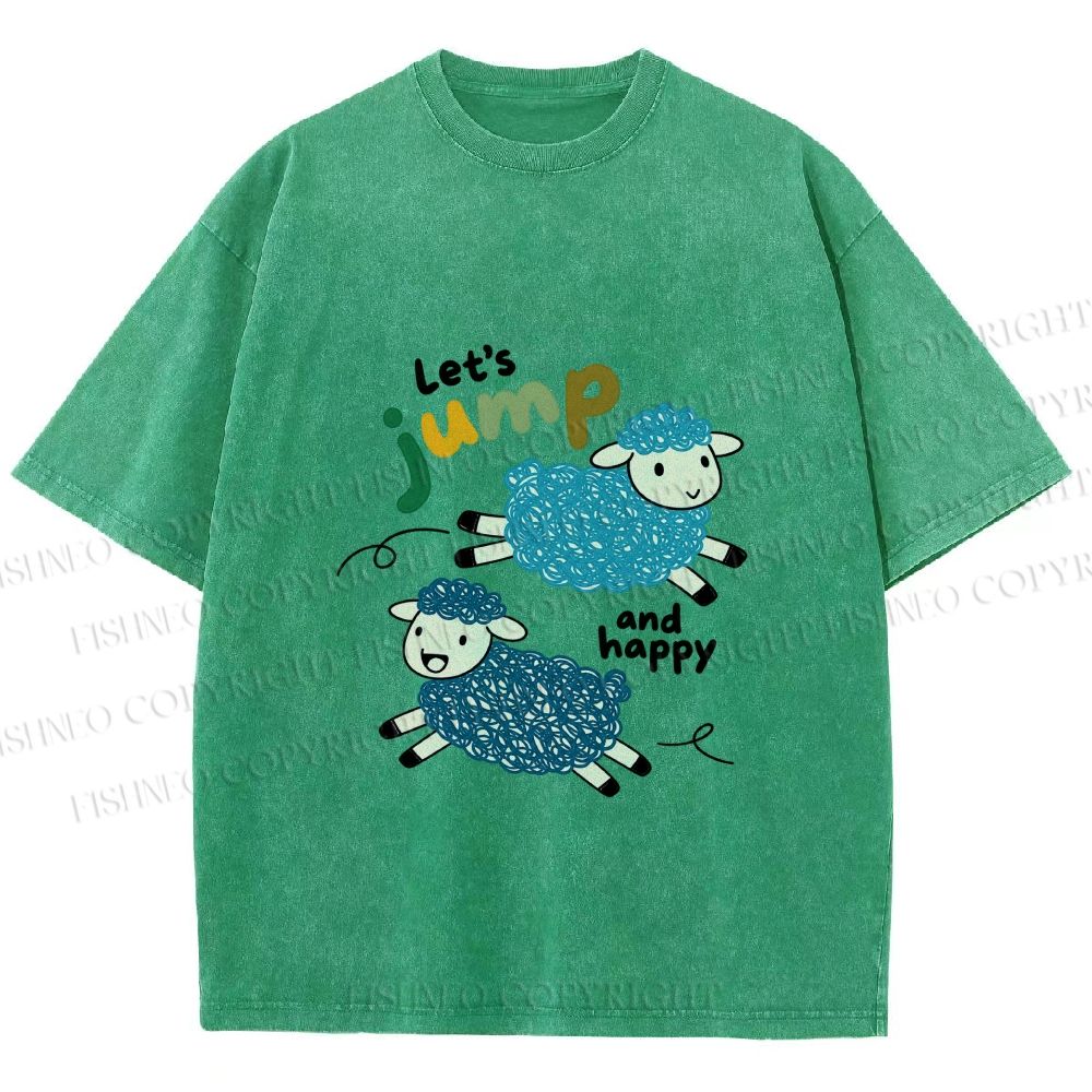 Unisex Sheep Lets Jump And Happy Printed Washed Tee
