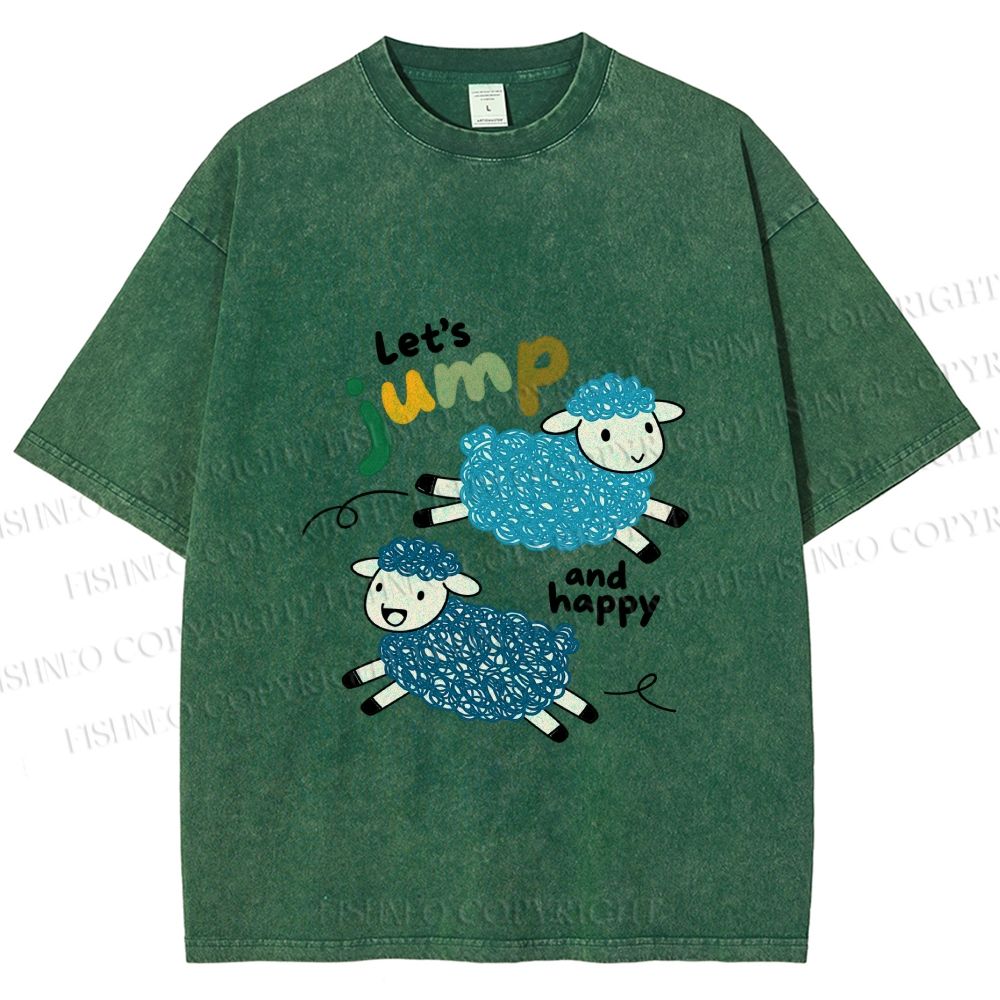 Unisex Sheep Lets Jump And Happy Printed Washed Tee