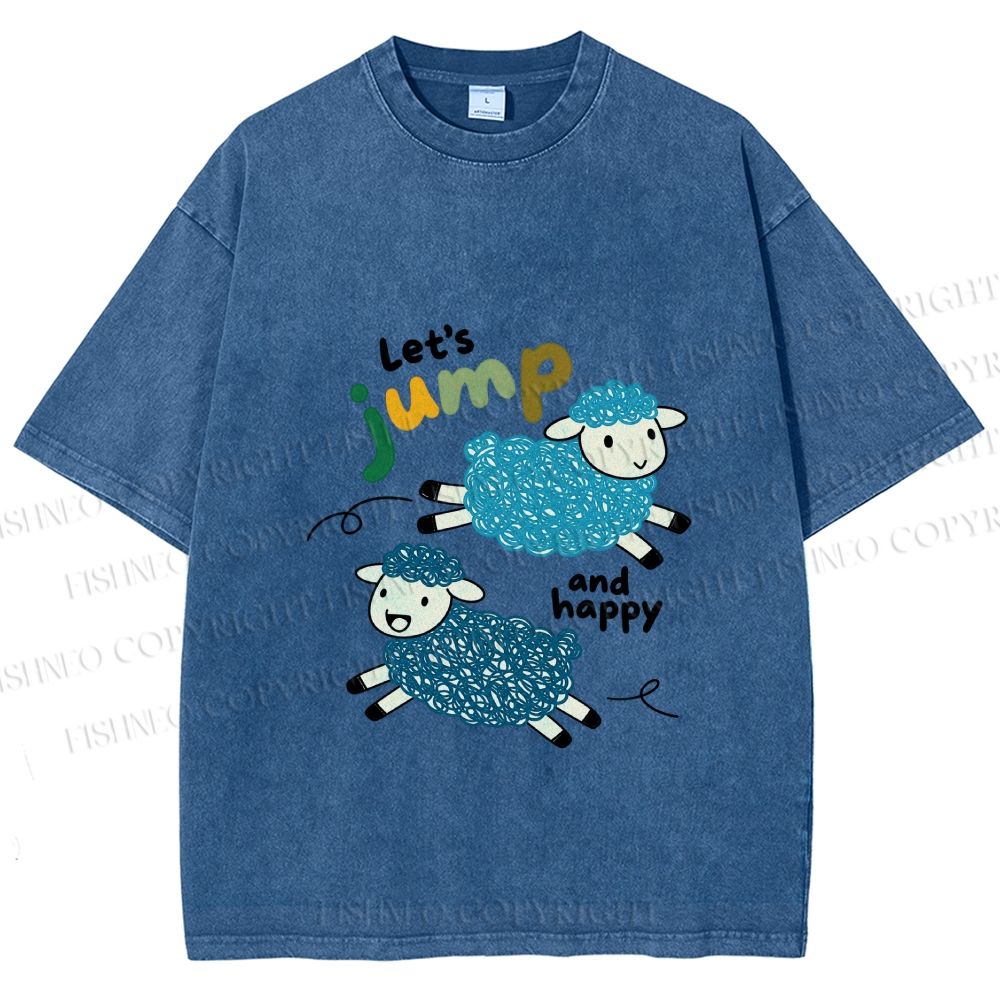 Unisex Sheep Lets Jump And Happy Printed Washed Tee