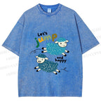 Unisex Sheep Lets Jump And Happy Printed Washed Tee