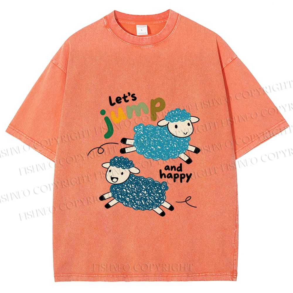 Unisex Sheep Lets Jump And Happy Printed Washed Tee
