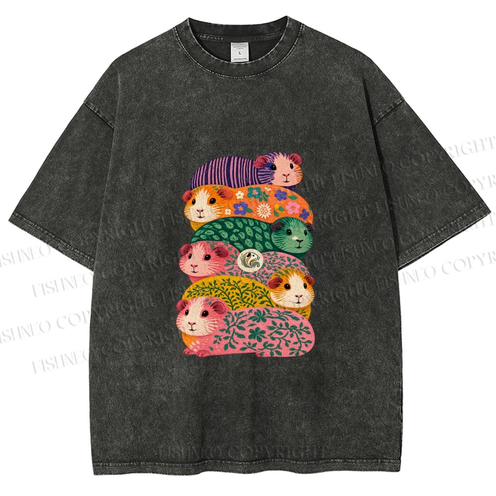 Unisex Stacked Guinea Pigs Printed Washed Tee