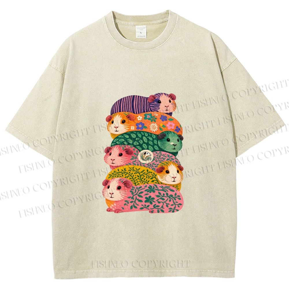 Unisex Stacked Guinea Pigs Printed Washed Tee