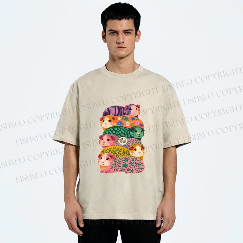 Unisex Stacked Guinea Pigs Printed Washed Tee