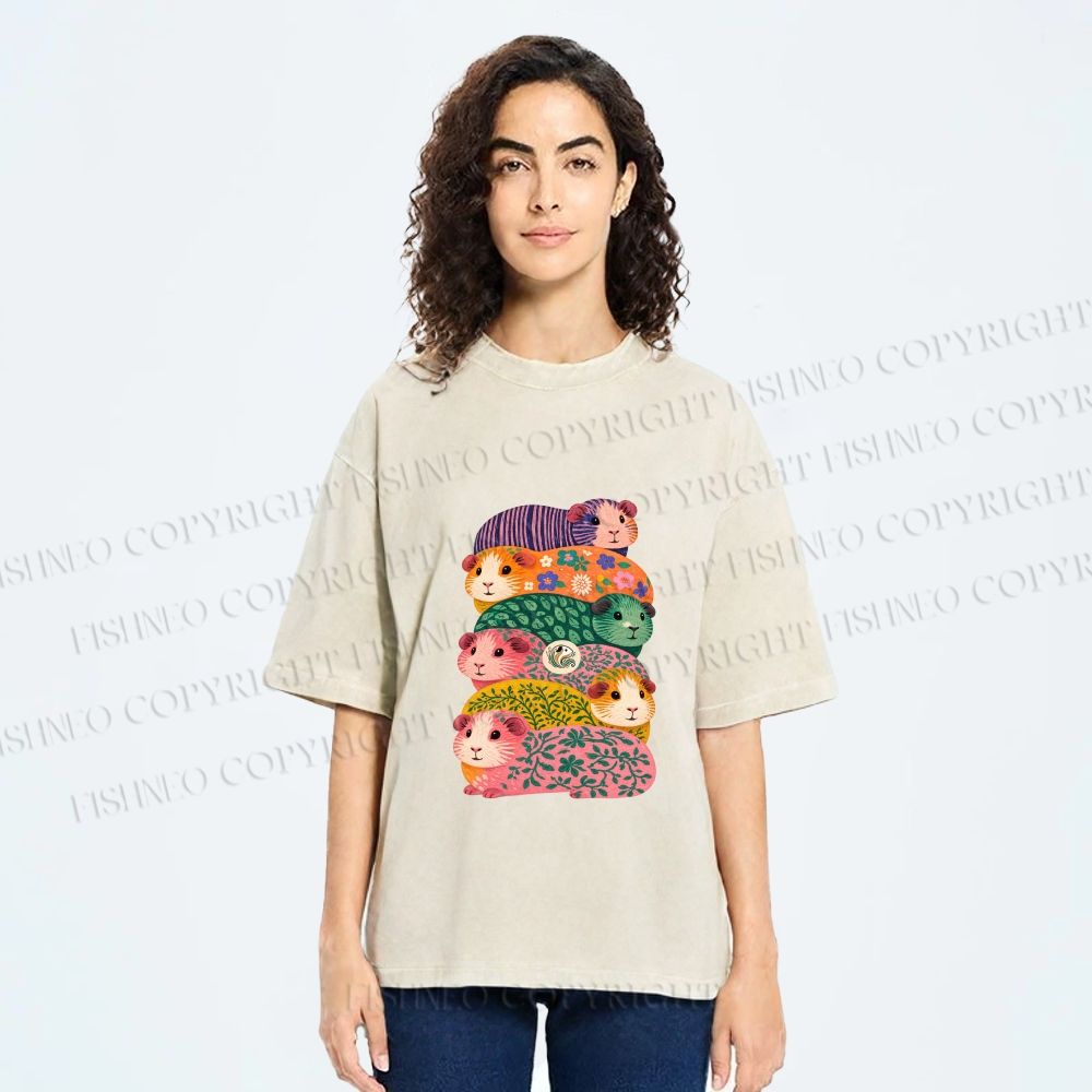 Unisex Stacked Guinea Pigs Printed Washed Tee