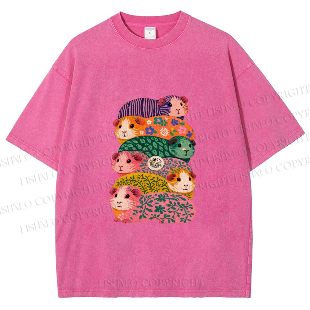 Unisex Stacked Guinea Pigs Printed Washed Tee