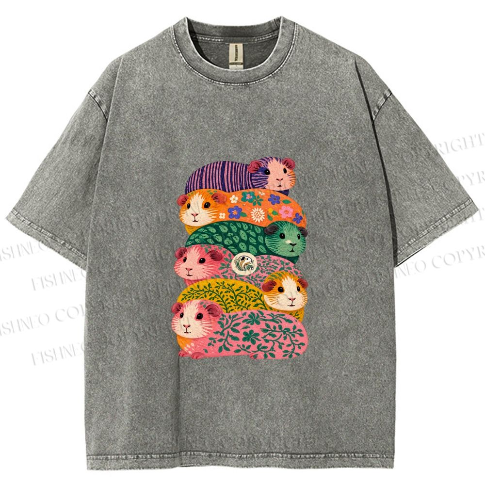 Unisex Stacked Guinea Pigs Printed Washed Tee