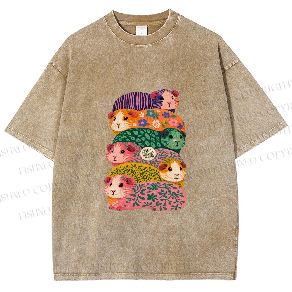 Unisex Stacked Guinea Pigs Printed Washed Tee