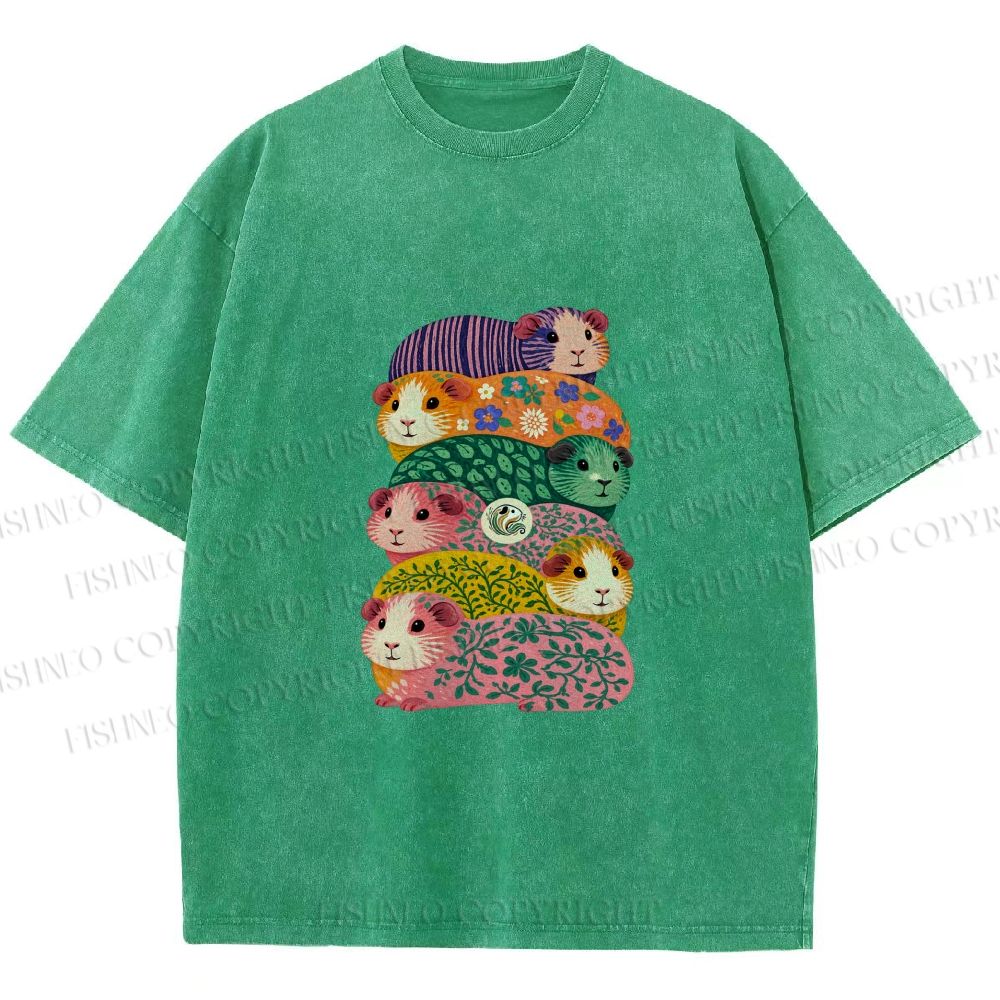 Unisex Stacked Guinea Pigs Printed Washed Tee