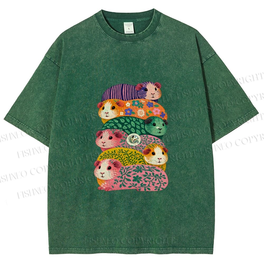 Unisex Stacked Guinea Pigs Printed Washed Tee