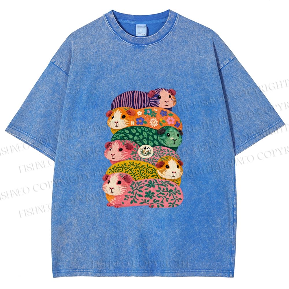 Unisex Stacked Guinea Pigs Printed Washed Tee