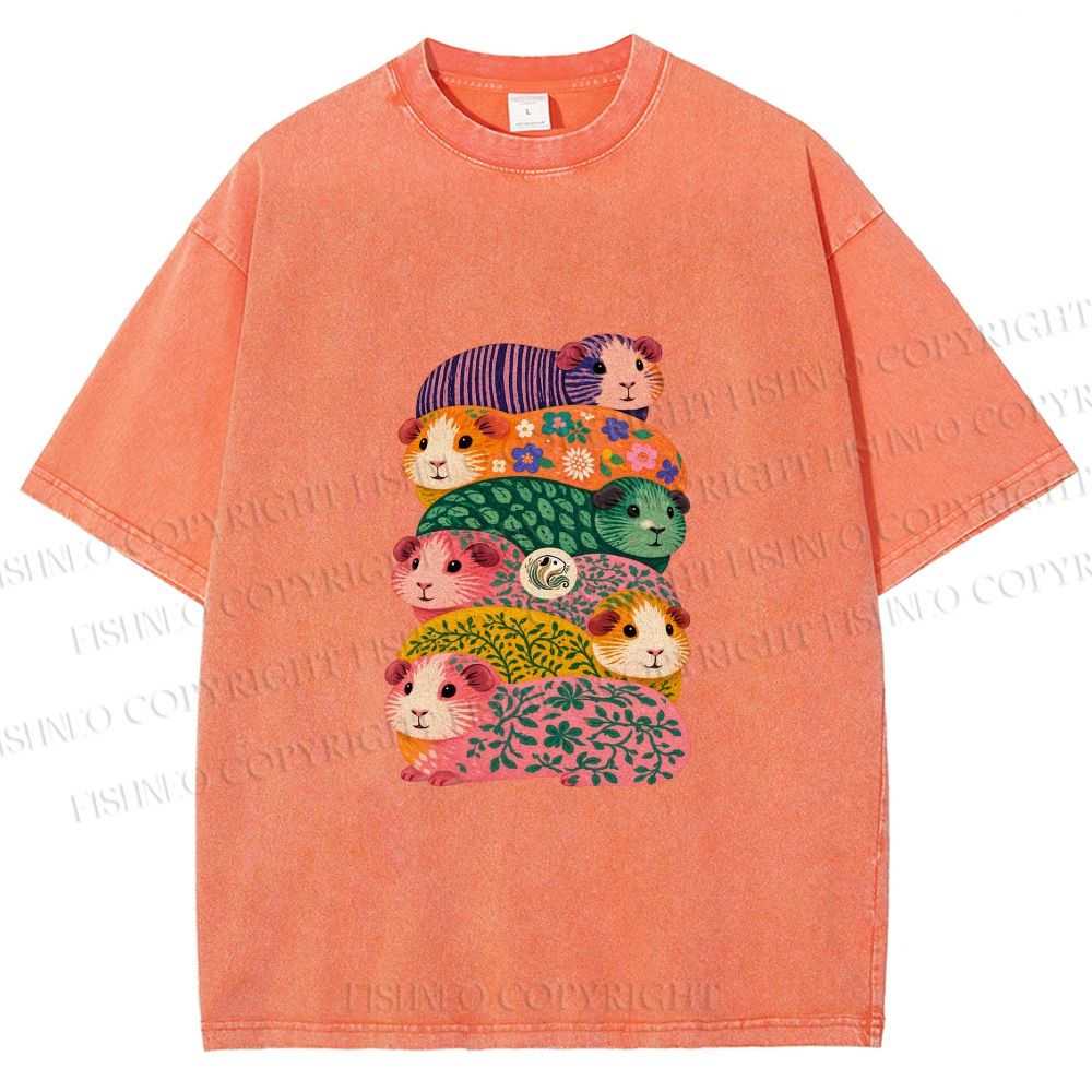 Unisex Stacked Guinea Pigs Printed Washed Tee
