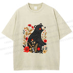 Unisex Floral Black Bear Printed Washed Tee