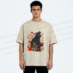 Unisex Floral Black Bear Printed Washed Tee