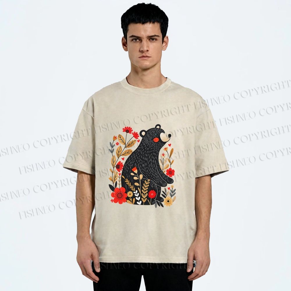 Unisex Floral Black Bear Printed Washed Tee