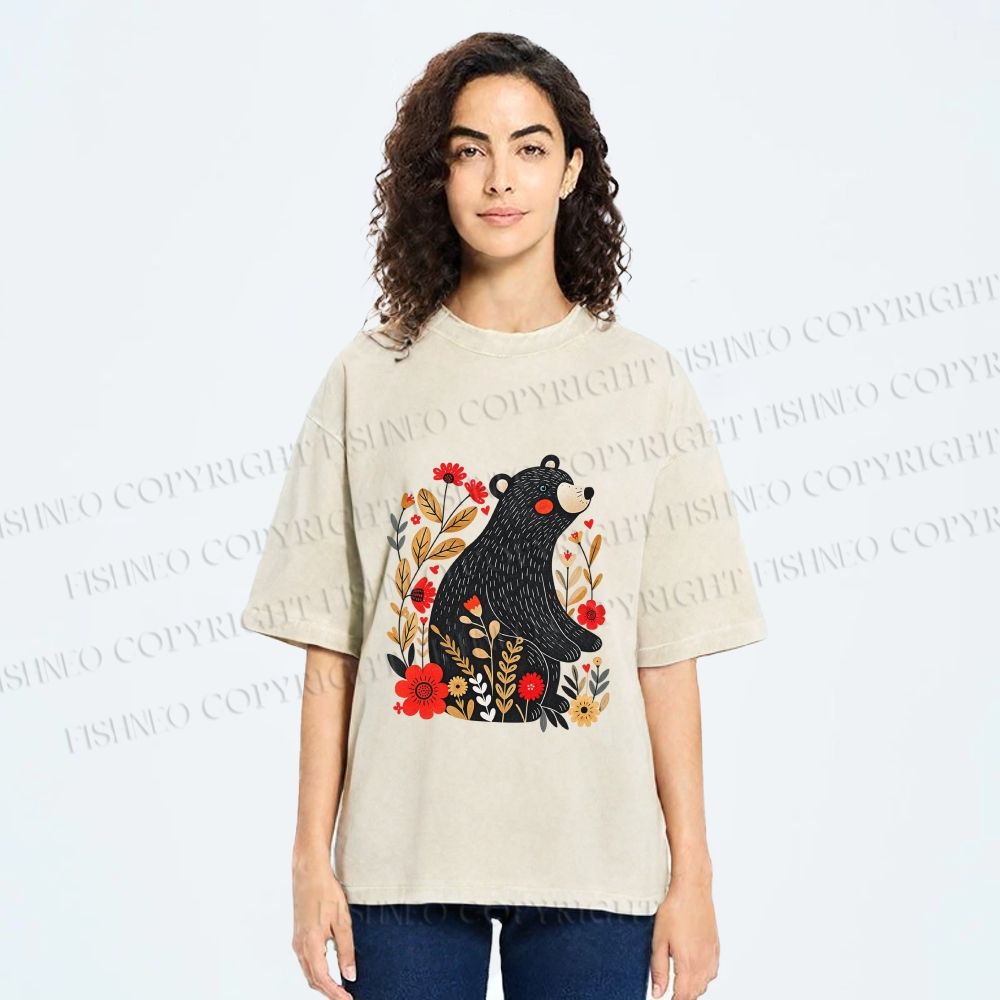 Unisex Floral Black Bear Printed Washed Tee
