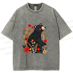 Unisex Floral Black Bear Printed Washed Tee