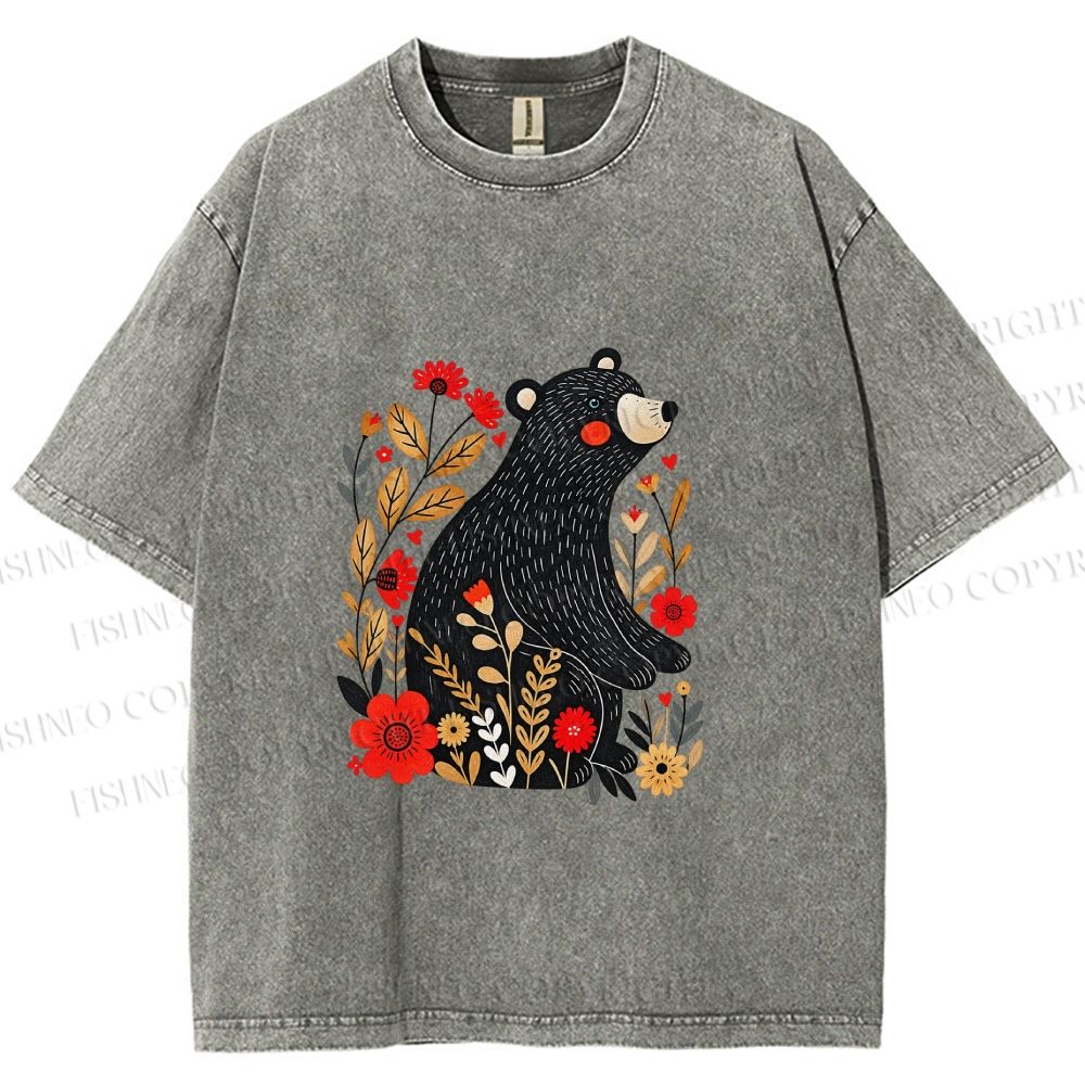 Unisex Floral Black Bear Printed Washed Tee