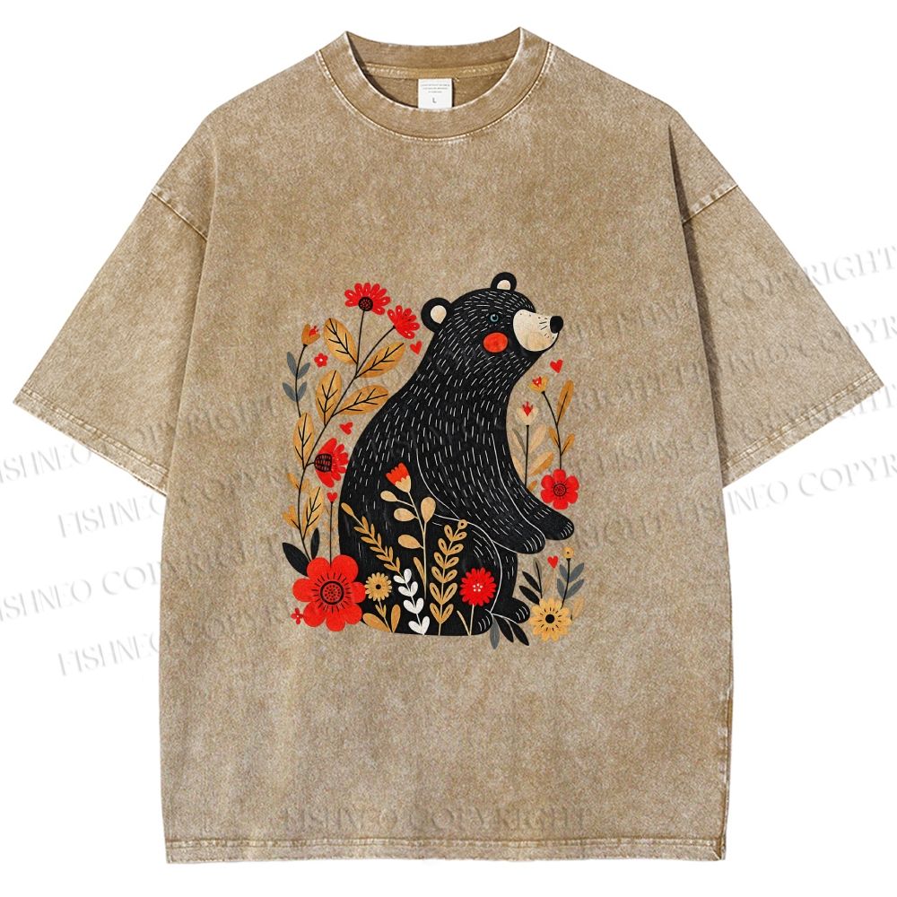 Unisex Floral Black Bear Printed Washed Tee