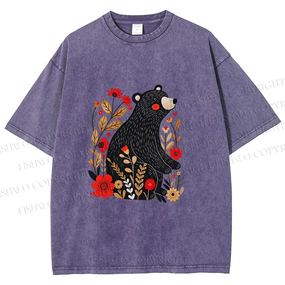 Unisex Floral Black Bear Printed Washed Tee