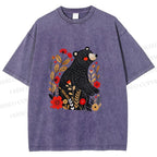 Unisex Floral Black Bear Printed Washed Tee