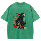 Unisex Floral Black Bear Printed Washed Tee