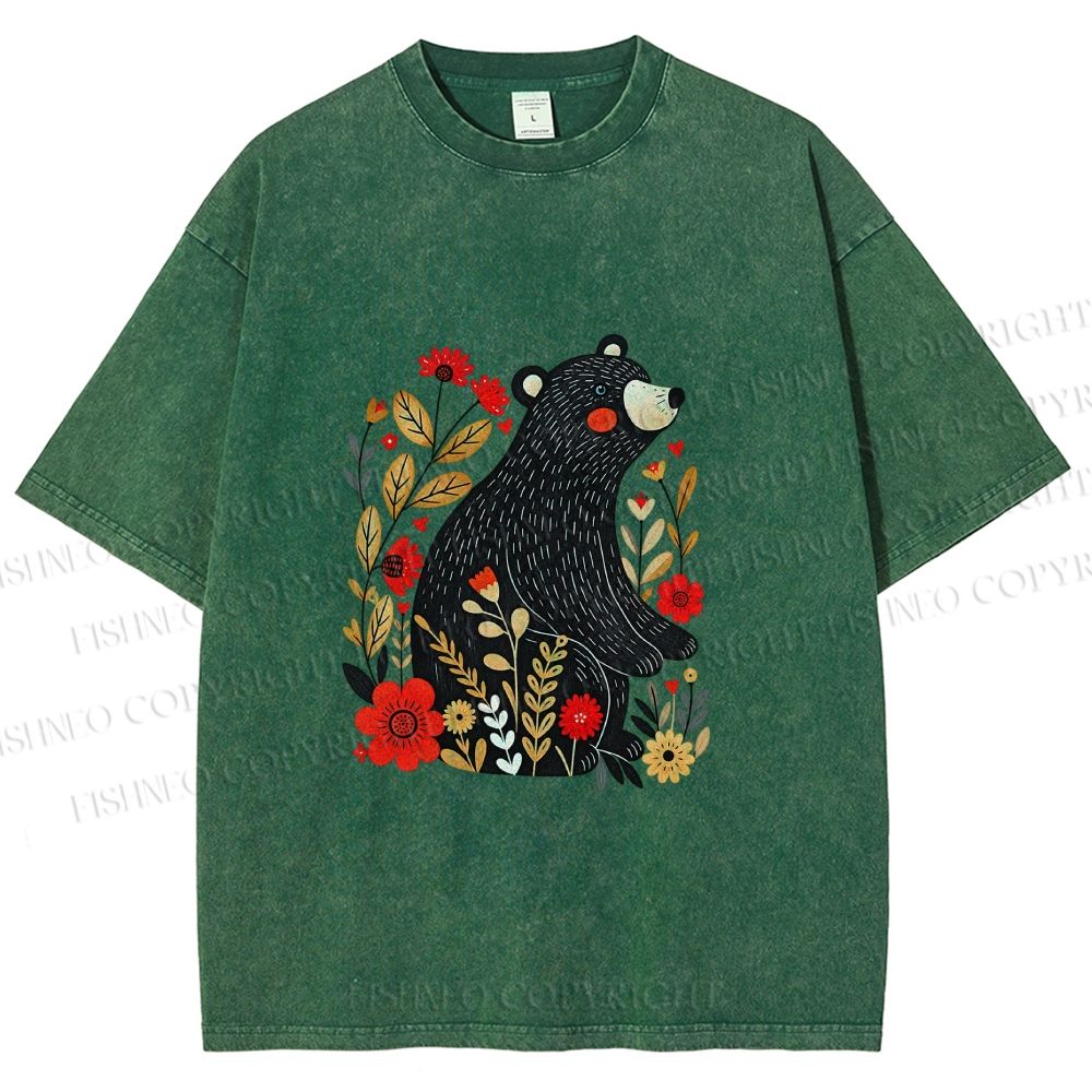 Unisex Floral Black Bear Printed Washed Tee