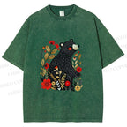 Unisex Floral Black Bear Printed Washed Tee