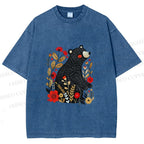 Unisex Floral Black Bear Printed Washed Tee