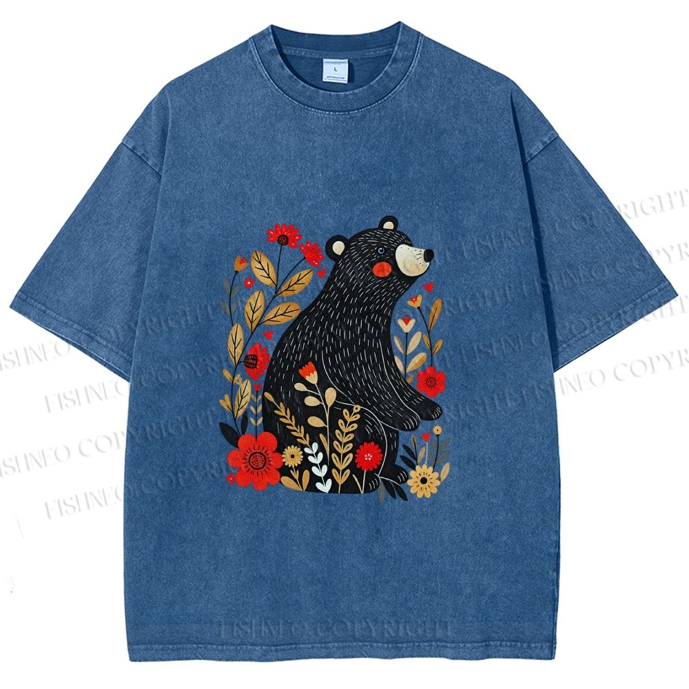 Unisex Floral Black Bear Printed Washed Tee