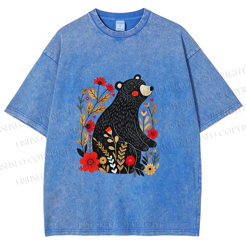 Unisex Floral Black Bear Printed Washed Tee