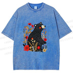 Unisex Floral Black Bear Printed Washed Tee