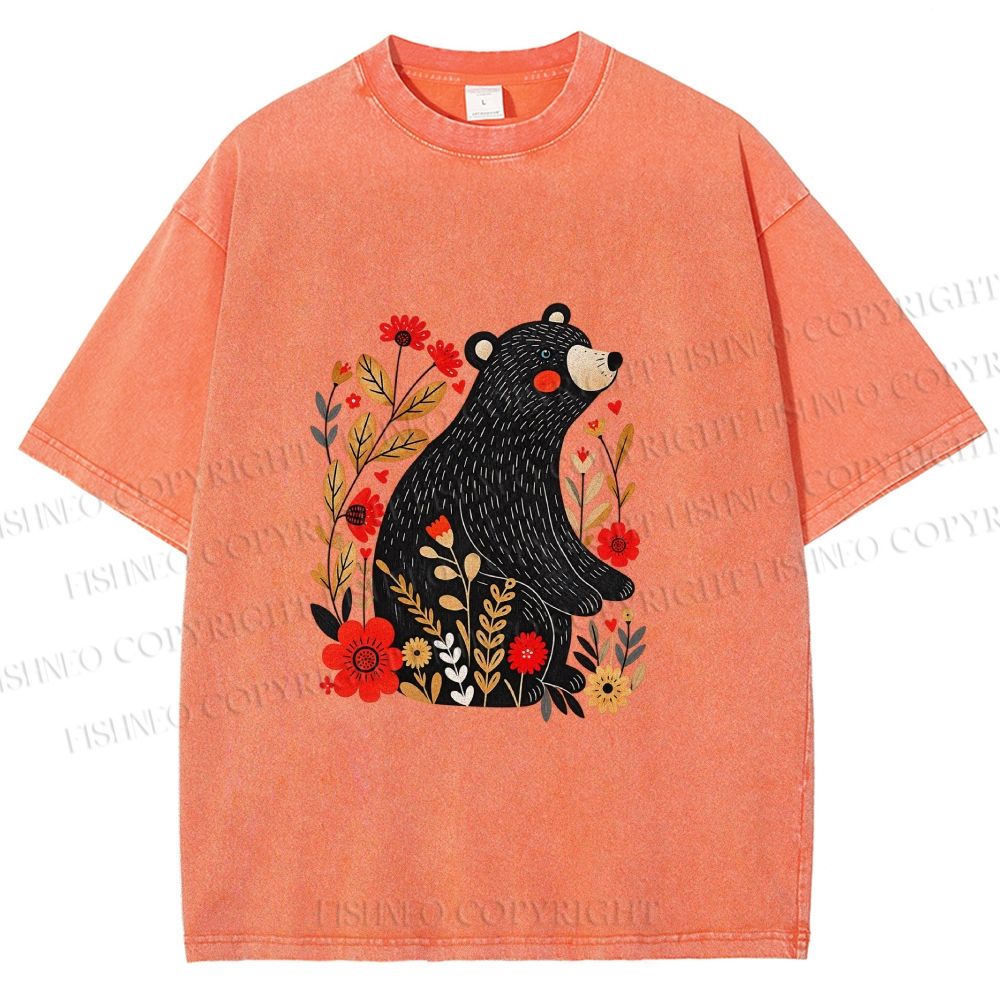 Unisex Floral Black Bear Printed Washed Tee