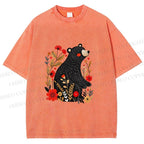 Unisex Floral Black Bear Printed Washed Tee