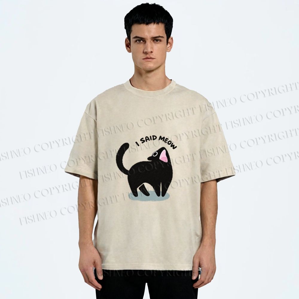 Unisex Black Cat I Said Meow Printed Washed Tee