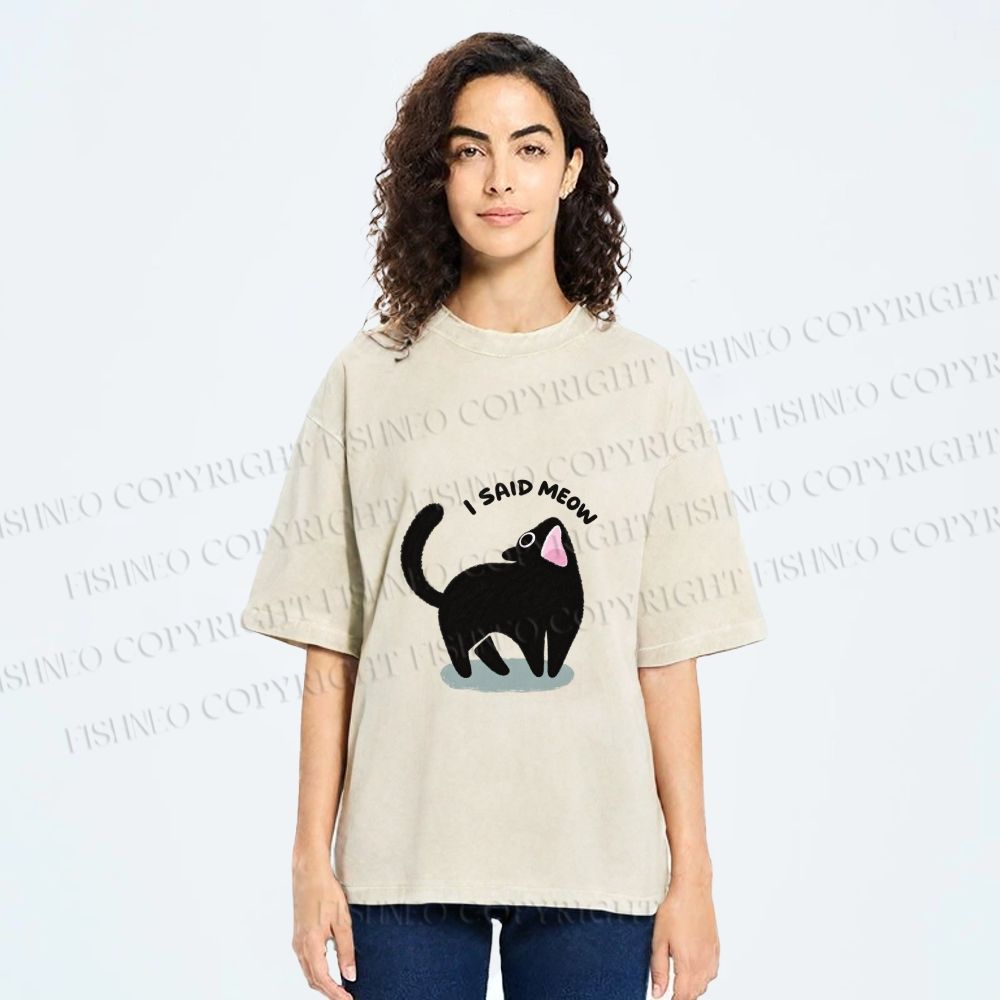 Unisex Black Cat I Said Meow Printed Washed Tee