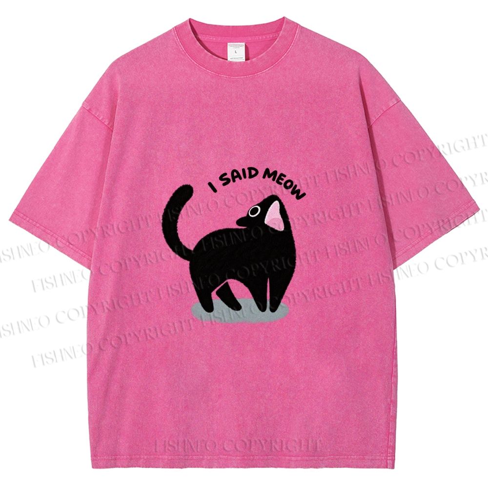 Unisex Black Cat I Said Meow Printed Washed Tee