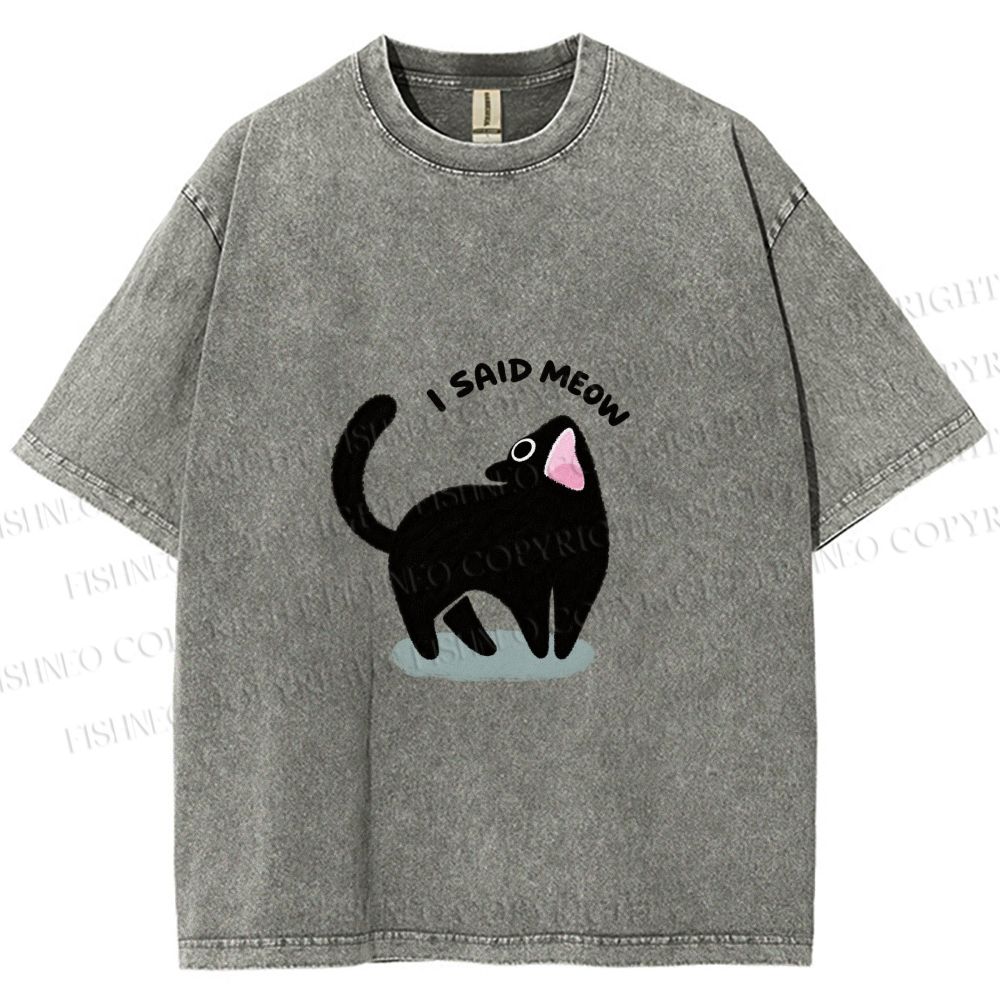 Unisex Black Cat I Said Meow Printed Washed Tee
