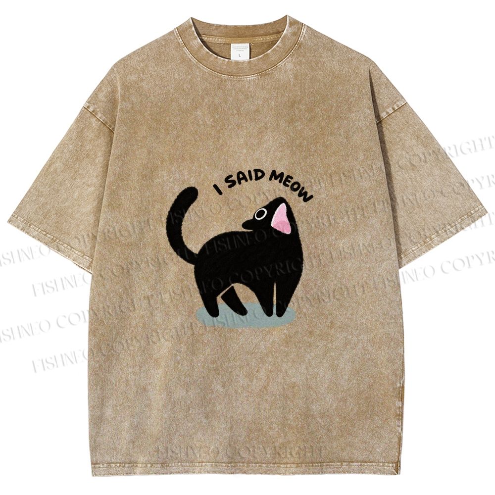 Unisex Black Cat I Said Meow Printed Washed Tee