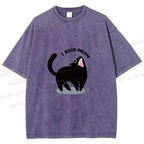 Unisex Black Cat I Said Meow Printed Washed Tee