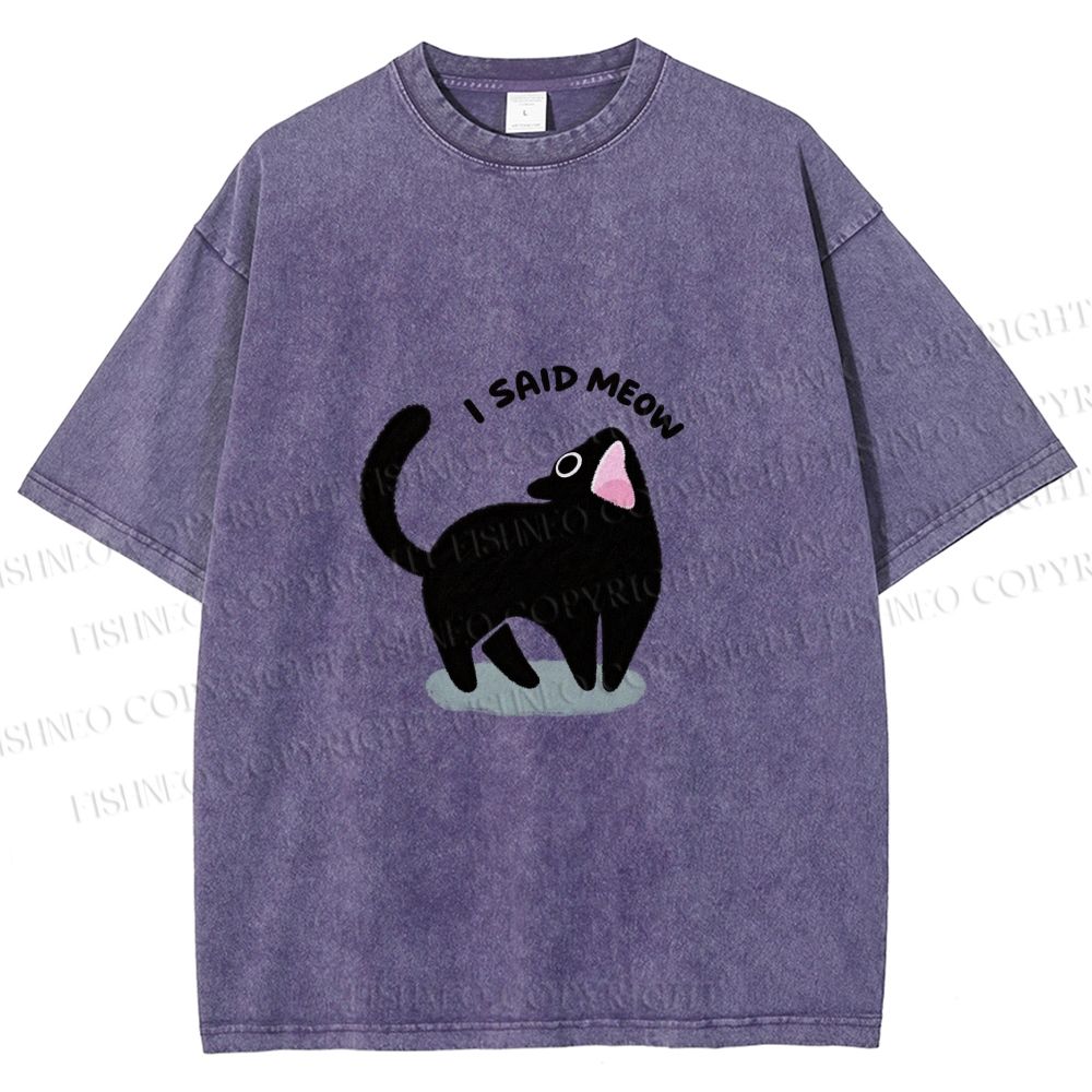 Unisex Black Cat I Said Meow Printed Washed Tee