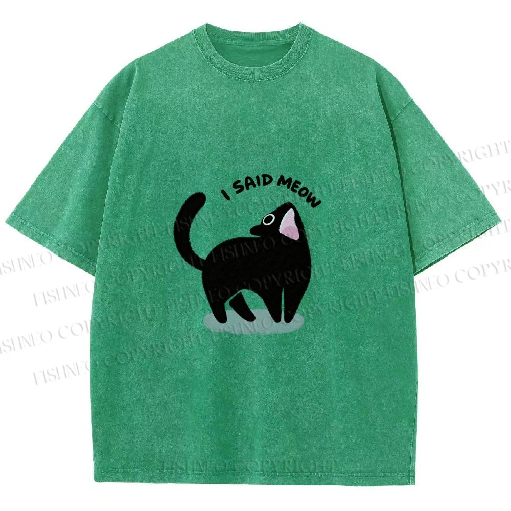 Unisex Black Cat I Said Meow Printed Washed Tee