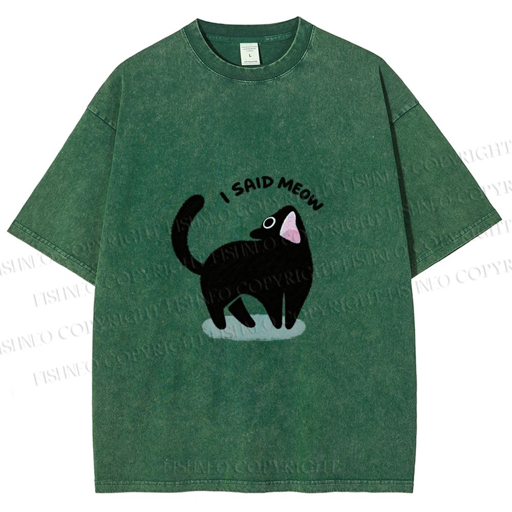 Unisex Black Cat I Said Meow Printed Washed Tee