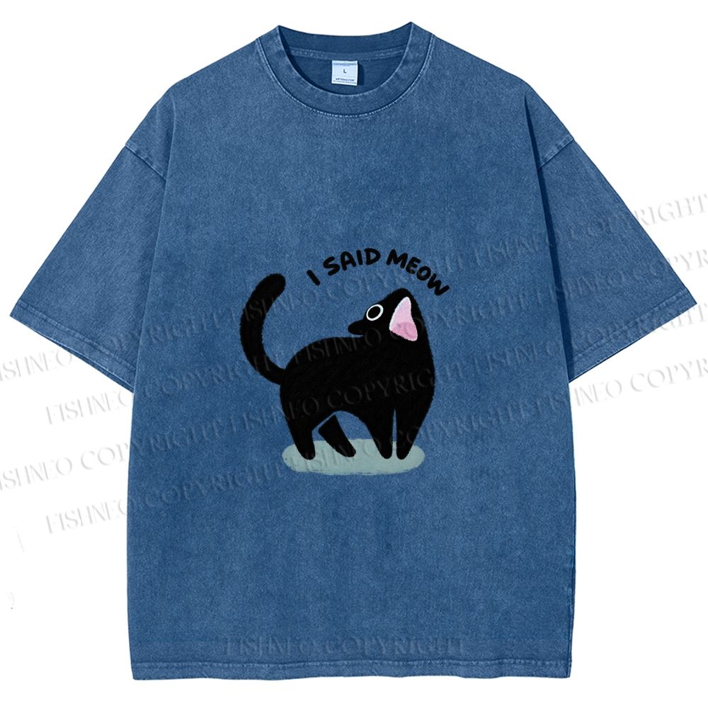 Unisex Black Cat I Said Meow Printed Washed Tee