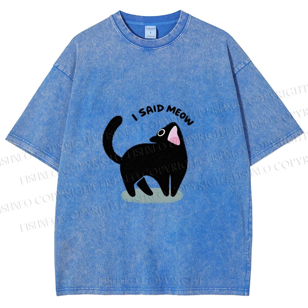 Unisex Black Cat I Said Meow Printed Washed Tee